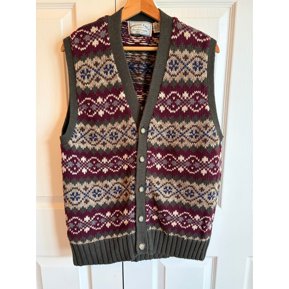American Eagle Vintage Fair Isle Sweater Vest Mens Small Olive Burgundy Ramie S